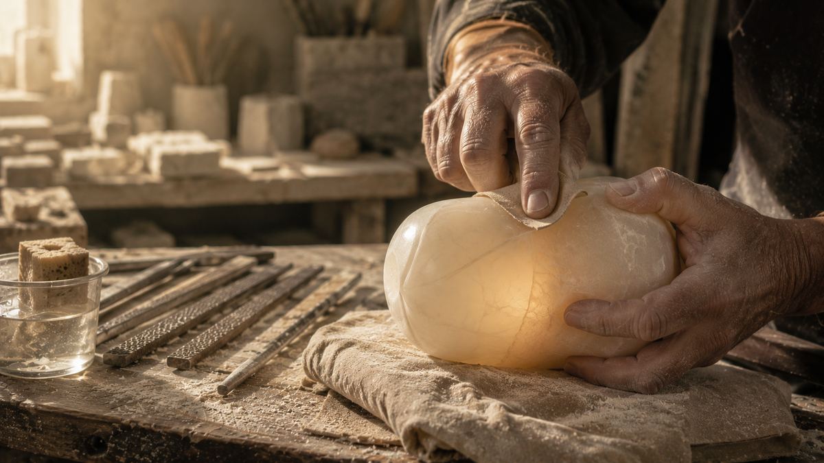 Le mani di un alabastraio reggono un vaso di alabastro attraversato dalla luce; sul banco le raspe allineate e un bicchiere d'acqua.