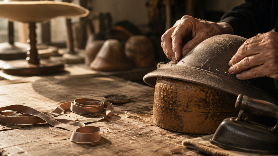 Due mani modellano un cappello di feltro sulla forma di legno fissandolo con gli spilli; accanto nastri arrotolati e un vecchio ferro da stiro.