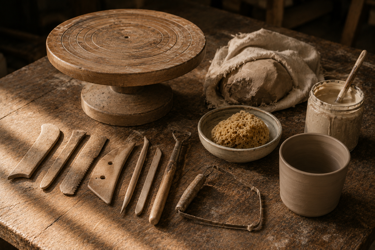 Una girella di legno sul banco con un panno d'argilla, stecche e mirette, una spugna, un vaso crudo e un barattolo di barbottina.