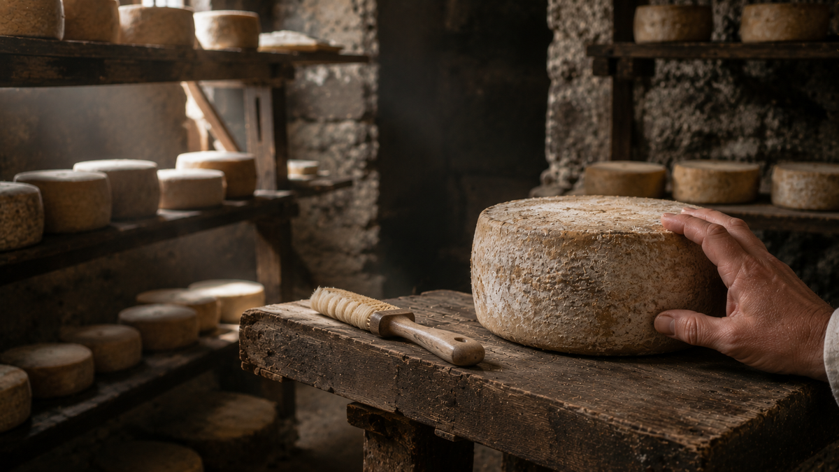 Una mano appoggia una forma di formaggio stagionato su un banco di legno; dietro, scaffali di pietra carichi di forme a stagionature diverse.