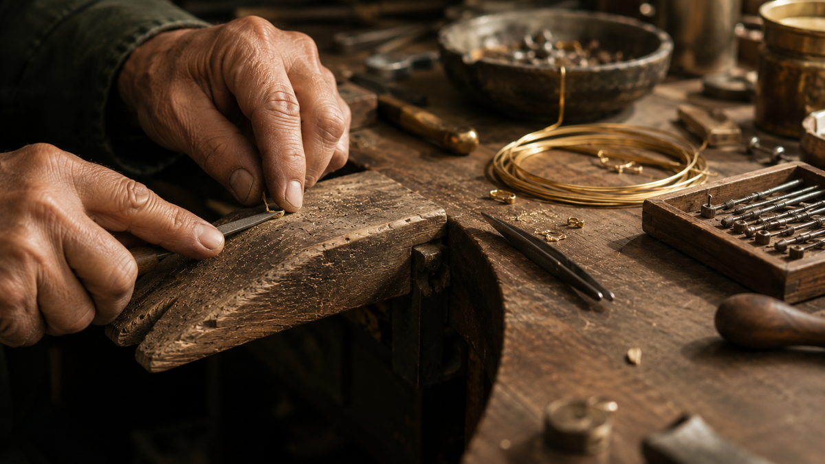 Le mani di un orafo al banchetto di legno, un anello stretto fra le dita accanto a una matassa di filo d'oro e a una cassetta di punzoni.