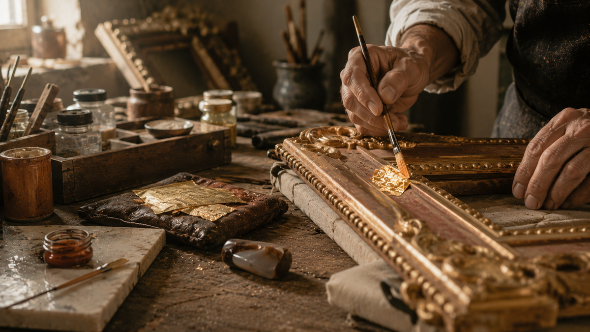 Un doratore posa col pennello una foglia d'oro sull'intaglio di una cornice; sul banco il cuscino da doratore, i barattoli di bolo e altre cornici in attesa.