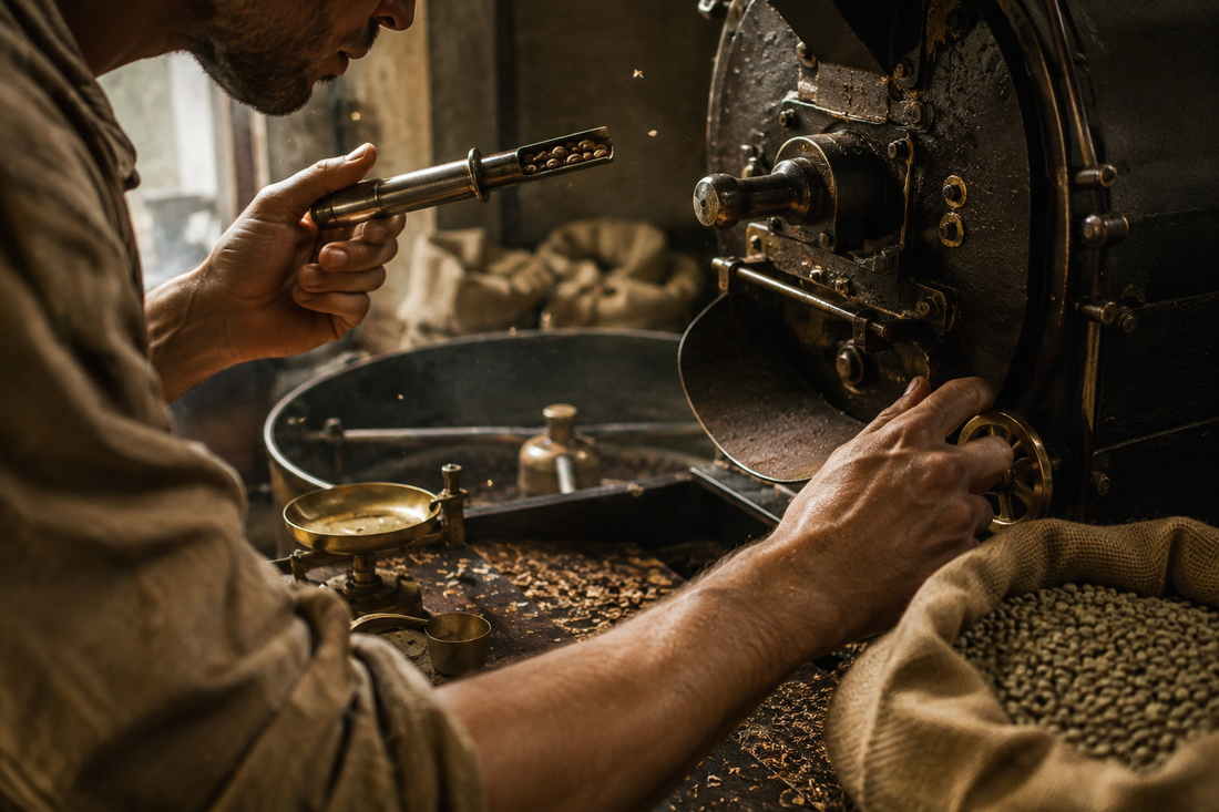 Un torrefattore estrae con la sonda un campione di chicchi dal tamburo della tostatrice, accanto a una bilancia d'ottone e a un sacco di caffè verde.