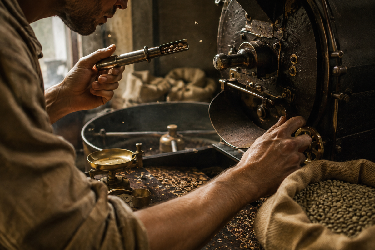 Un torrefattore estrae con la sonda un campione di chicchi dal tamburo della tostatrice, accanto a una bilancia d'ottone e a un sacco di caffè verde.