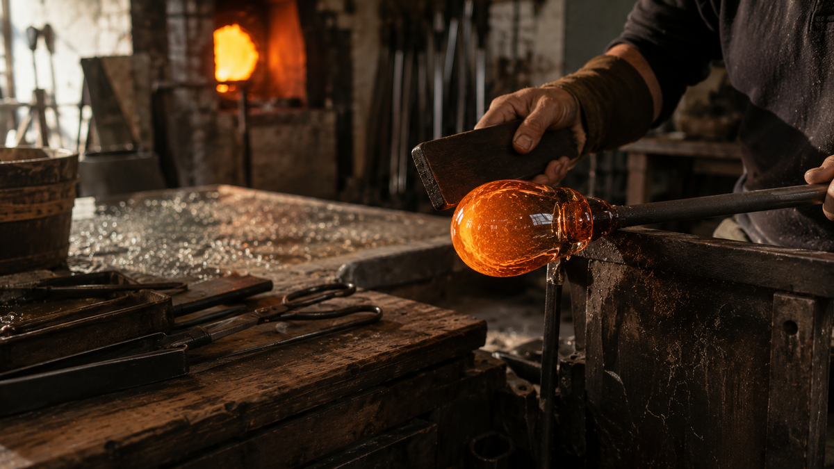 Una mano modella con una paletta di legno la bolla di vetro incandescente sulla canna, la fornace accesa sullo sfondo.