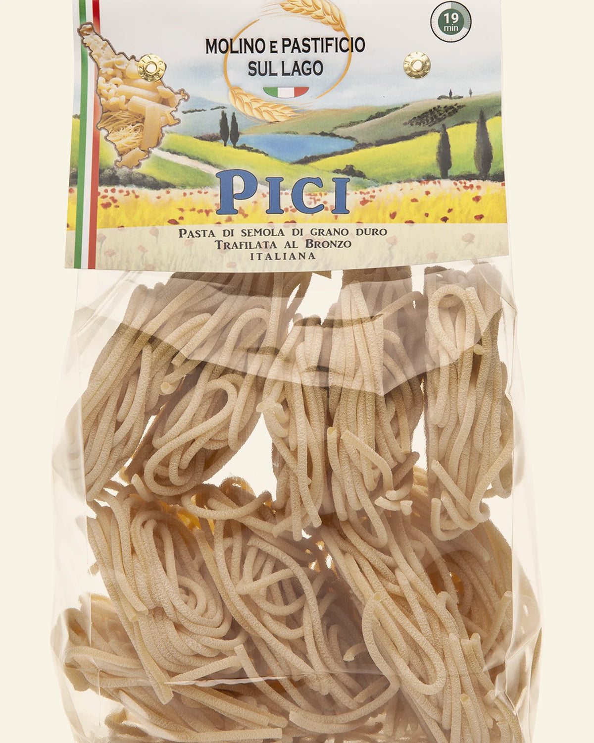 Confezione di pici Molino e Pastificio sul Lago, in posa