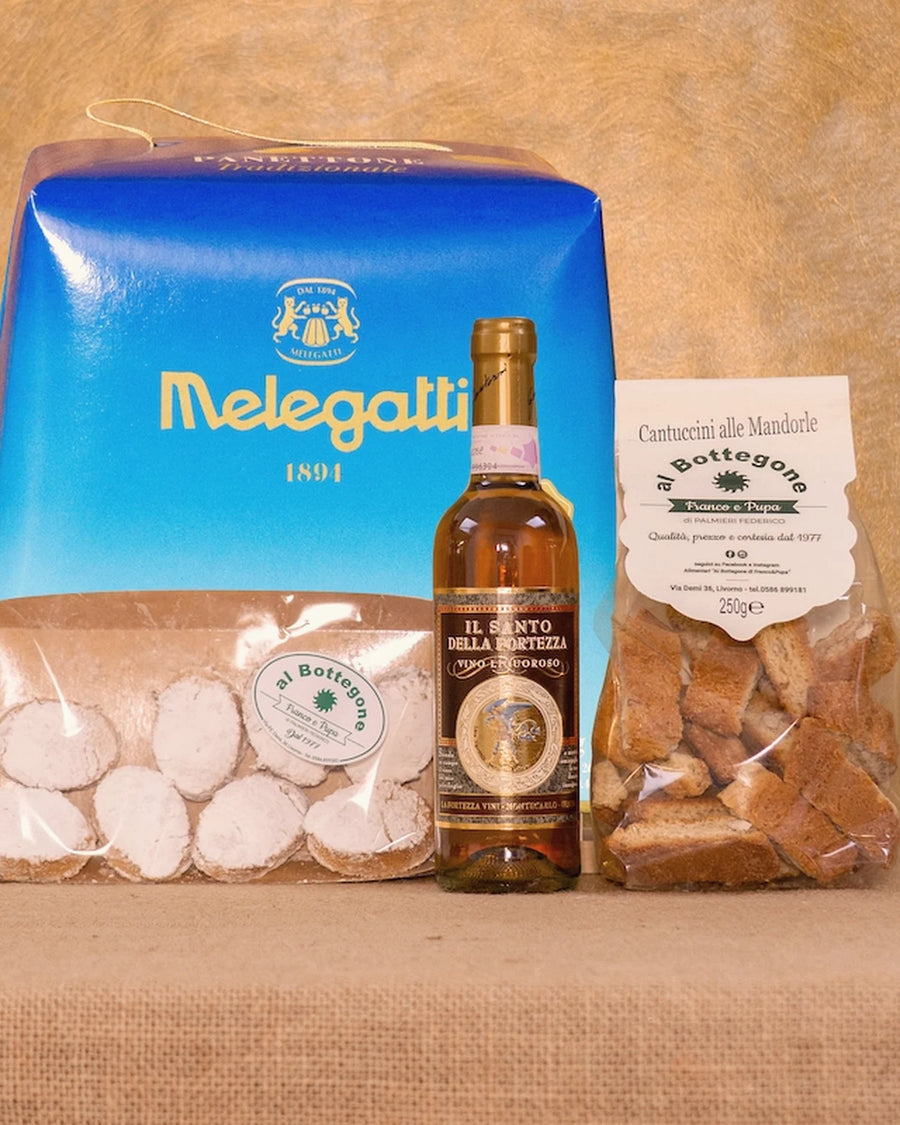 Uno dei cesti regalo classici, con panettone, spumante e specialità toscane