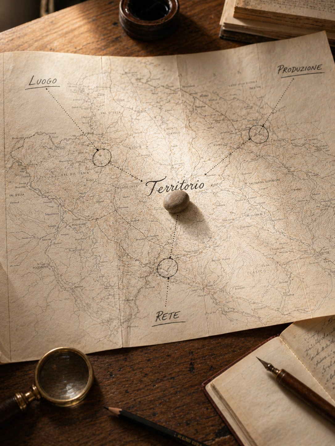 Una carta geografica stesa sul tavolo con nodi cerchiati e le scritte a mano Luogo, Produzione, Territorio e Rete, e una lente d'ingrandimento.