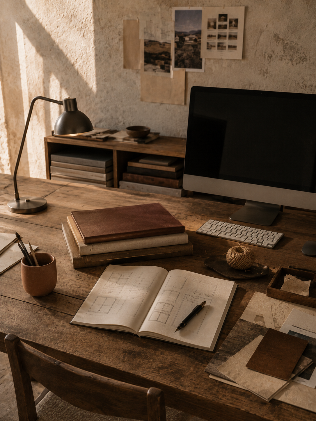 Una scrivania di legno con monitor e tastiera, una lampada, una pila di libri e un quaderno aperto con una griglia tracciata a matita.