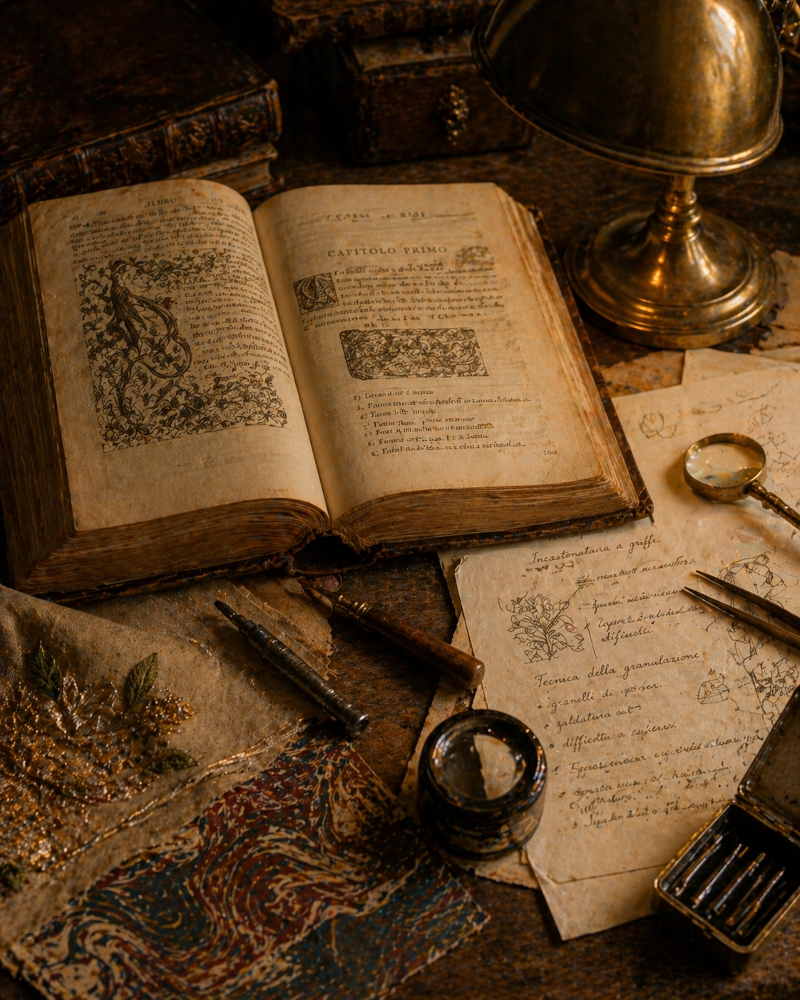 Un libro antico aperto su pagine incise, accanto a fogli manoscritti, un calamaio, una lente e un astuccio di bulini su una stoffa decorata.