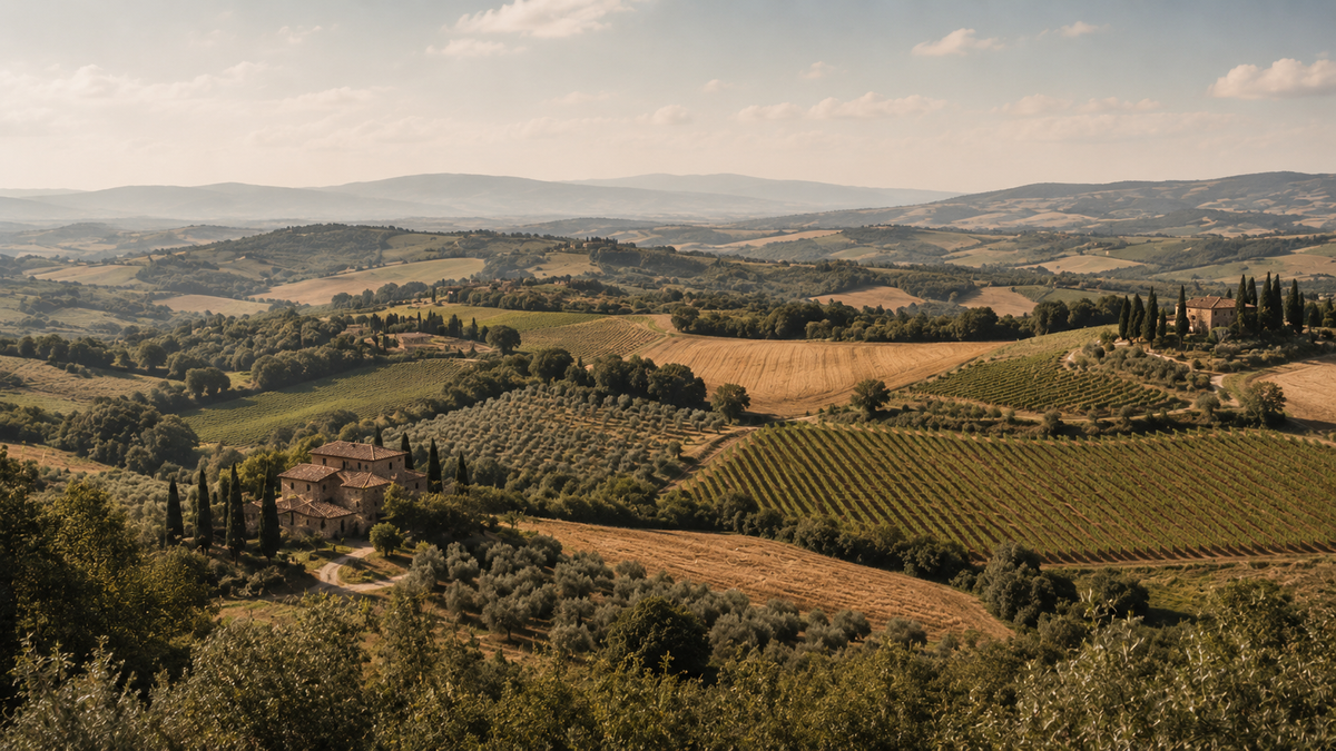 Colline coltivate a vigneto e oliveto con un casale fra i cipressi, campi di grano mietuto e rilievi sfumati all'orizzonte.