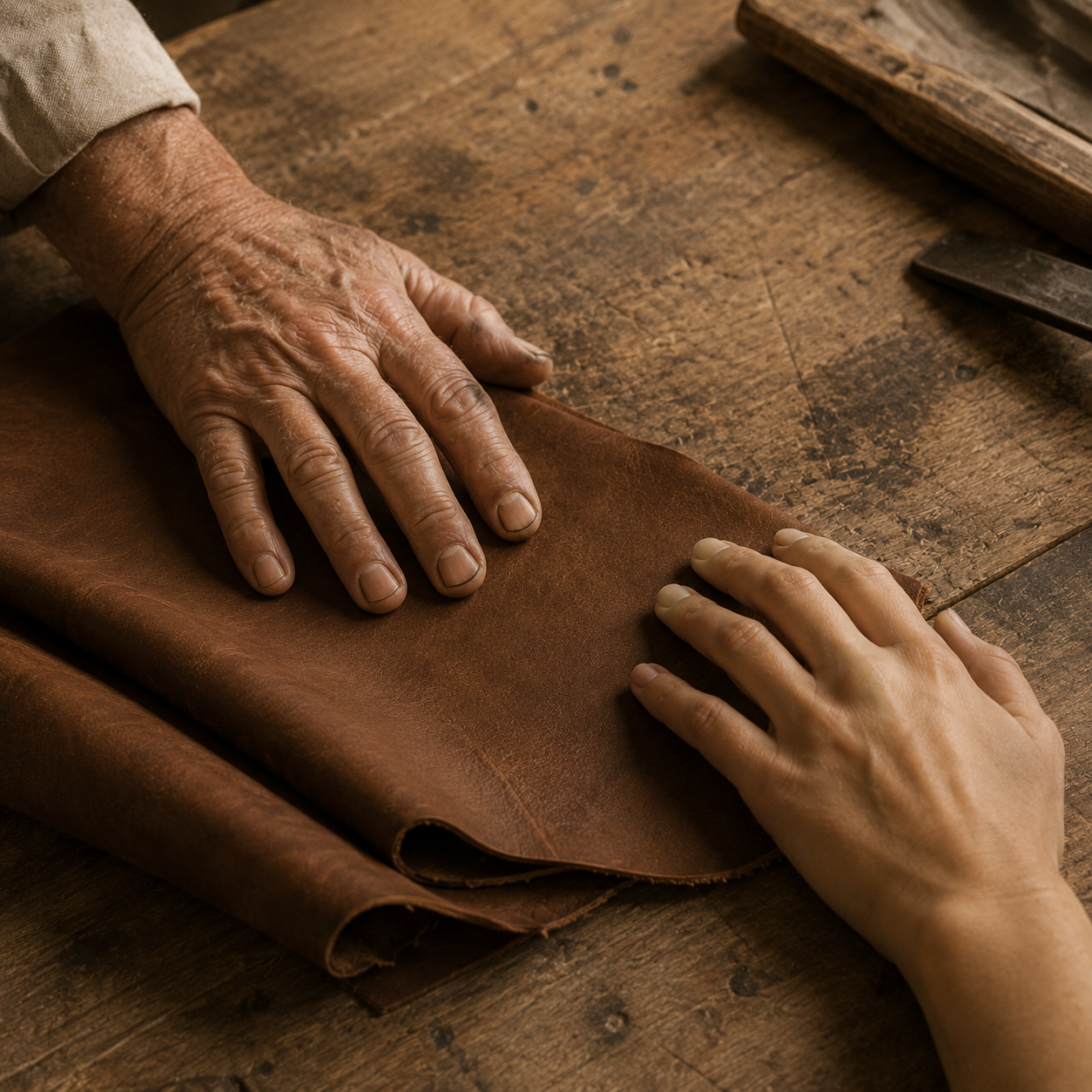 Due mani, una anziana e una giovane, lisciano insieme un pezzo di pelle conciata marrone sul piano di legno di un banco da lavoro.