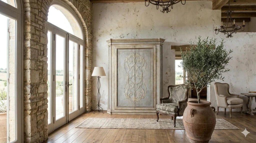 Armadio intagliato in una sala con arco in pietra, travi a vista e olivo nell'orcio
