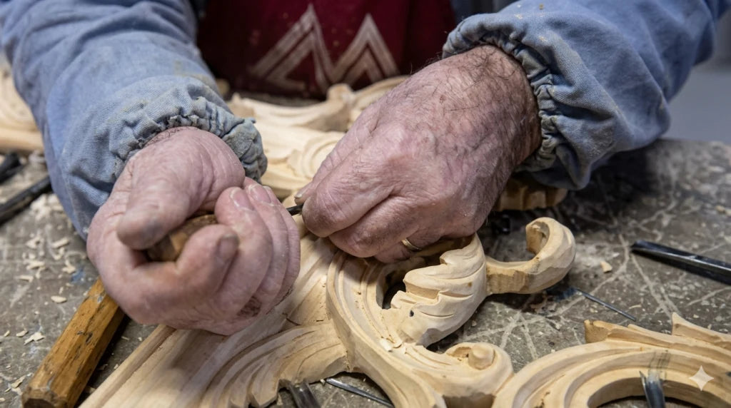 Le mani del maestro con la sgorbia dentro una foglia d'acanto intagliata