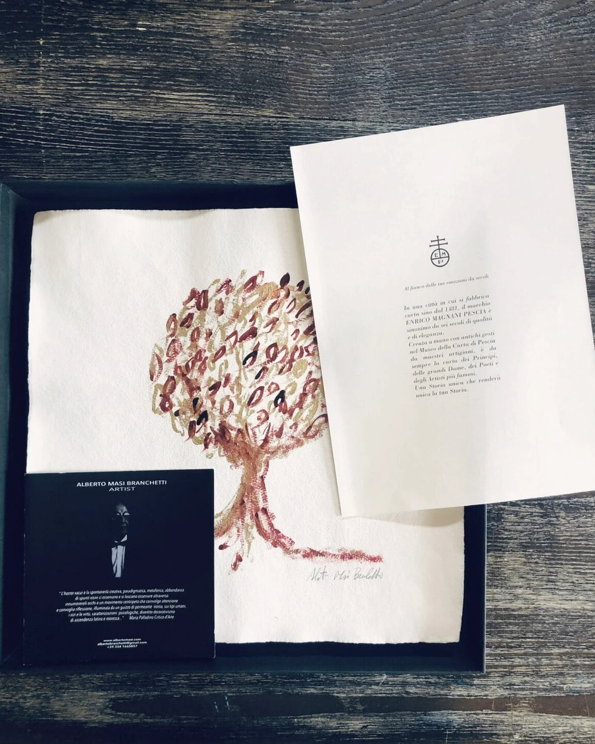 L'opera su carta dell'albero con le stampe della collezione, su un tavolo di legno