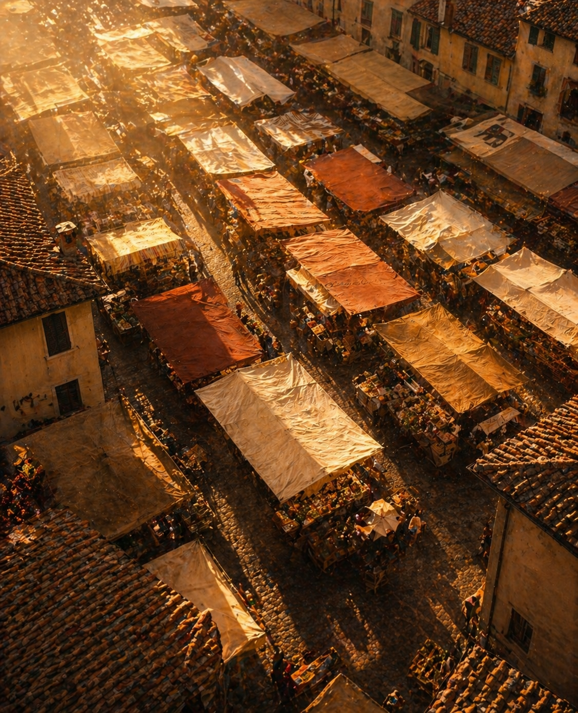 Veduta dall'alto di un mercato: file di tende di tela ocra e terracotta lungo una via lastricata fra i tetti, nella luce bassa del tramonto.