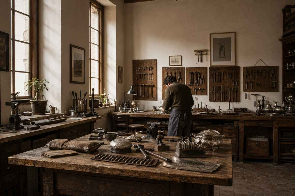 Un artigiano al banco in un laboratorio dalle finestre alte, fra pannelli di utensili appesi e vassoi d'argento sui piani.