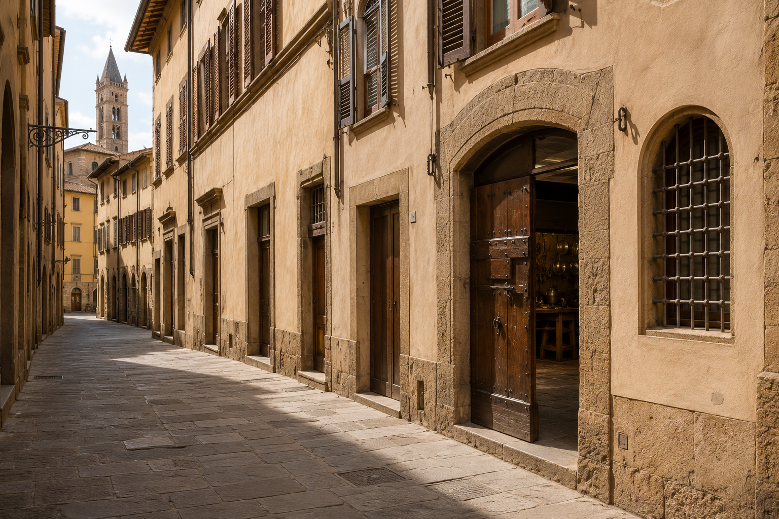 Un vicolo di pietra con il portone aperto di una bottega e una finestra a grata: dentro luccicano oggetti di metallo, in fondo un campanile.