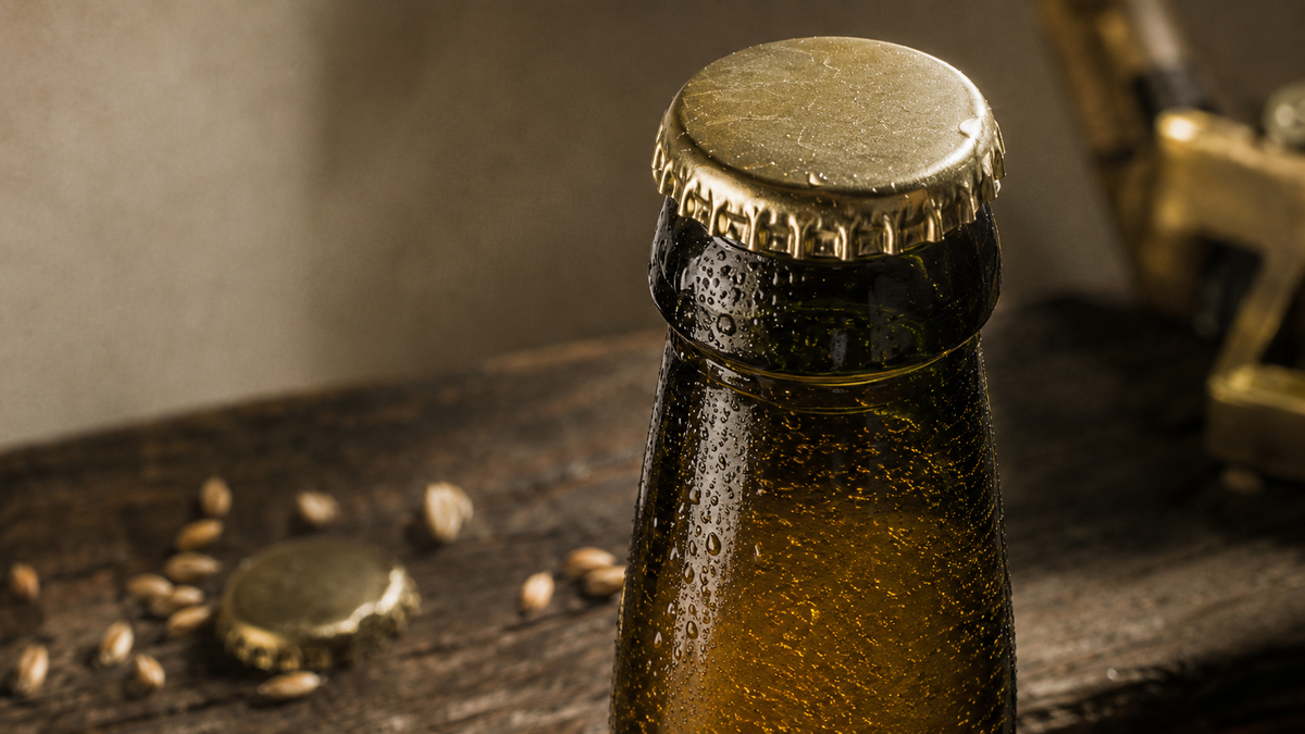 Bottiglia di vetro scuro appena tappata e coperta di condensa su un banco di legno, con tappi a corona e chicchi d'orzo sparsi accanto.