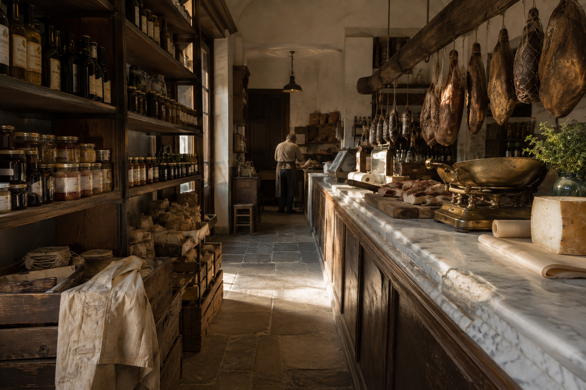 L'interno di una bottega con gli scaffali di bottiglie e vasi, i prosciutti appesi alla trave e il banco di marmo; in fondo un uomo col grembiule lavora di spalle.