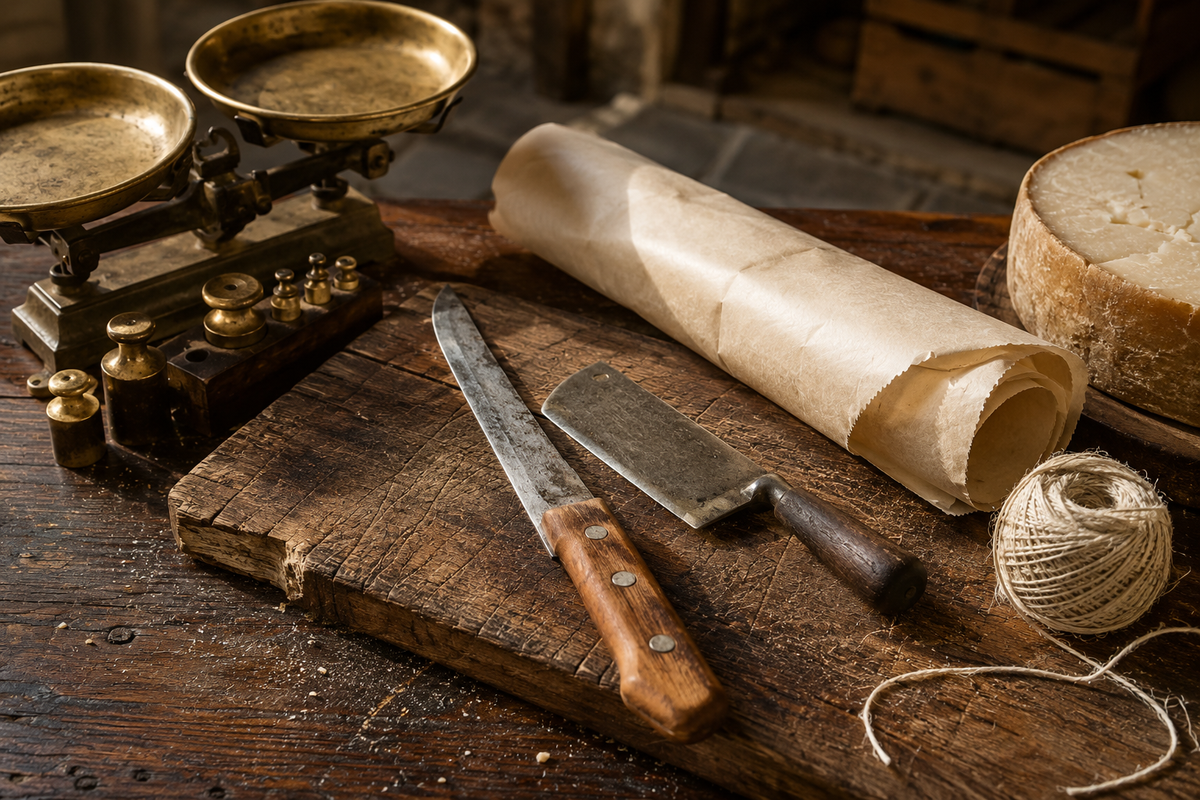 Una bilancia d'ottone coi pesi, un coltello lungo e una mannaia sul tagliere, un rotolo di carta oleata, il gomitolo di spago e una forma di formaggio.