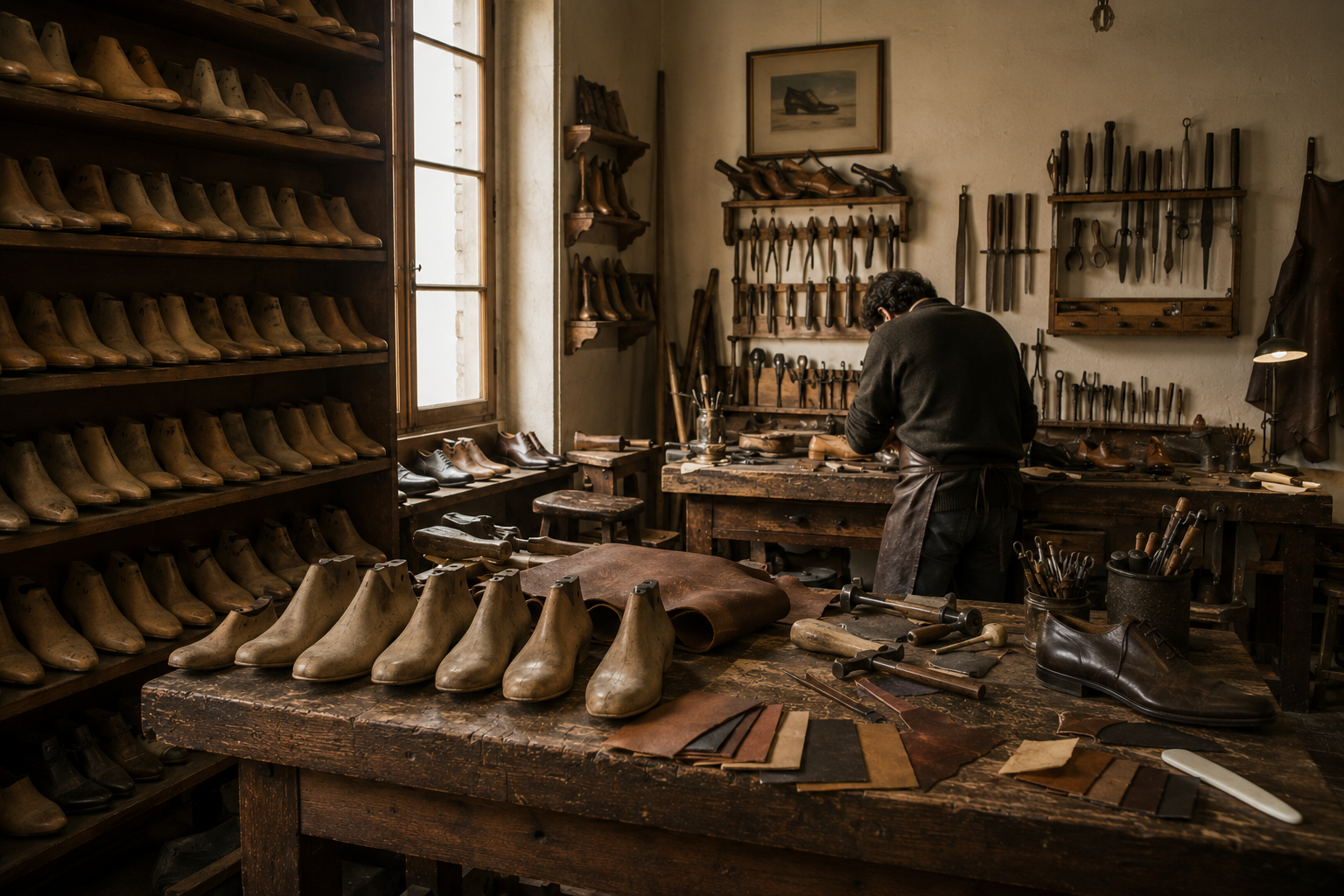 Scaffali e banchi coperti di forme di legno in fila, e in fondo un artigiano chino sul piano di lavoro fra gli utensili appesi.