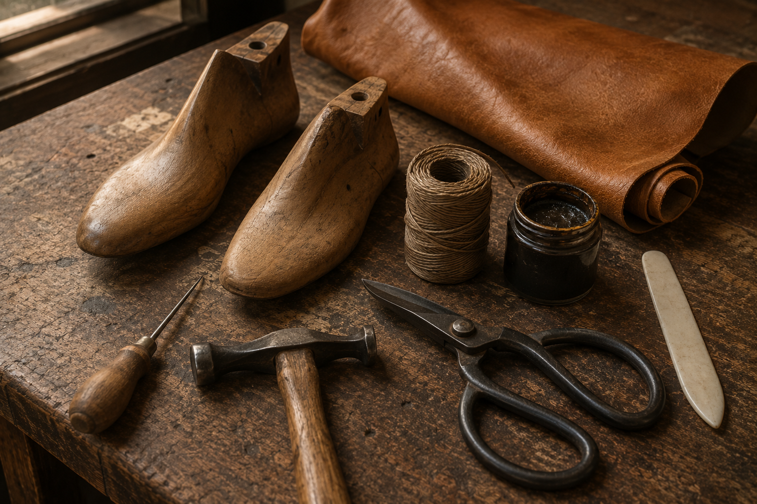 Due forme di legno da scarpa sul banco con un rotolo di pelle, spago, un barattolo di cera nera, forbici, lesina e martello.
