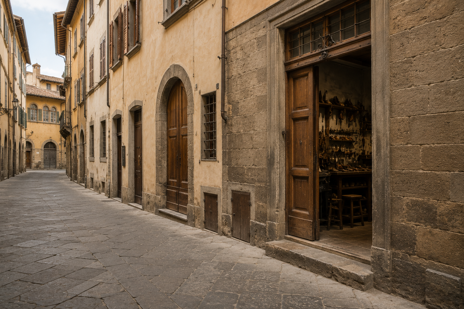 Un vicolo lastricato e la porta aperta di una bottega, dentro scaffali pieni di scarpe e di forme di legno.
