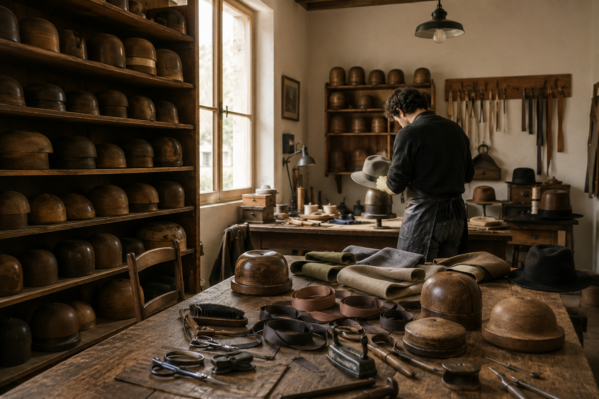 In laboratorio una persona rifinisce un cappello chiaro al banco vicino alla finestra, fra scaffali carichi di forme di legno e attrezzi appesi.