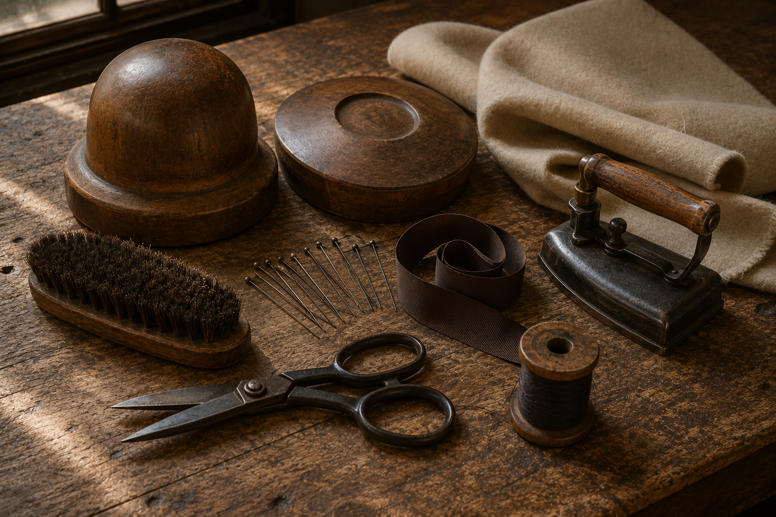 Sul banco di legno due forme da cappello, una spazzola, spilli allineati, nastro di gros-grain, forbici da sarto, un ferro e un taglio di feltro.