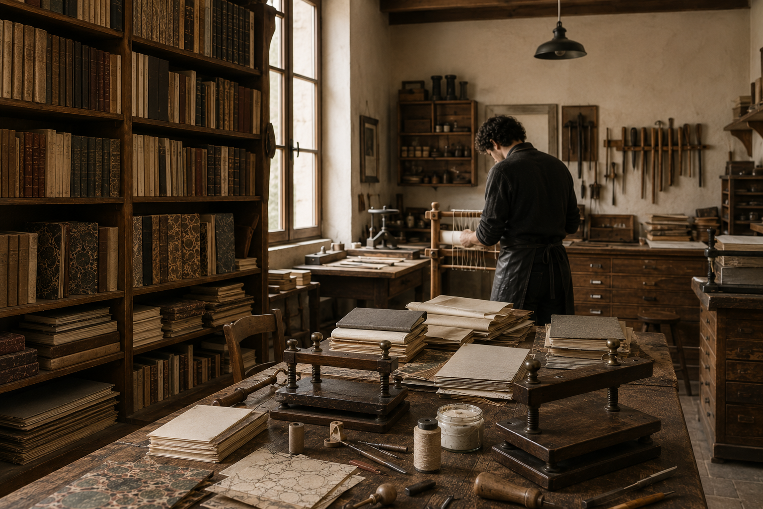 In una legatoria un uomo cuce i fascicoli al telaio davanti alla finestra, tra scaffali di libri rilegati e torchi sul tavolo.