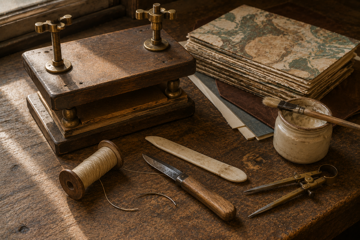 Un torchio di legno con viti d'ottone accanto a fogli marmorizzati, filo, stecca d'osso, coltello e un vaso di colla col pennello.