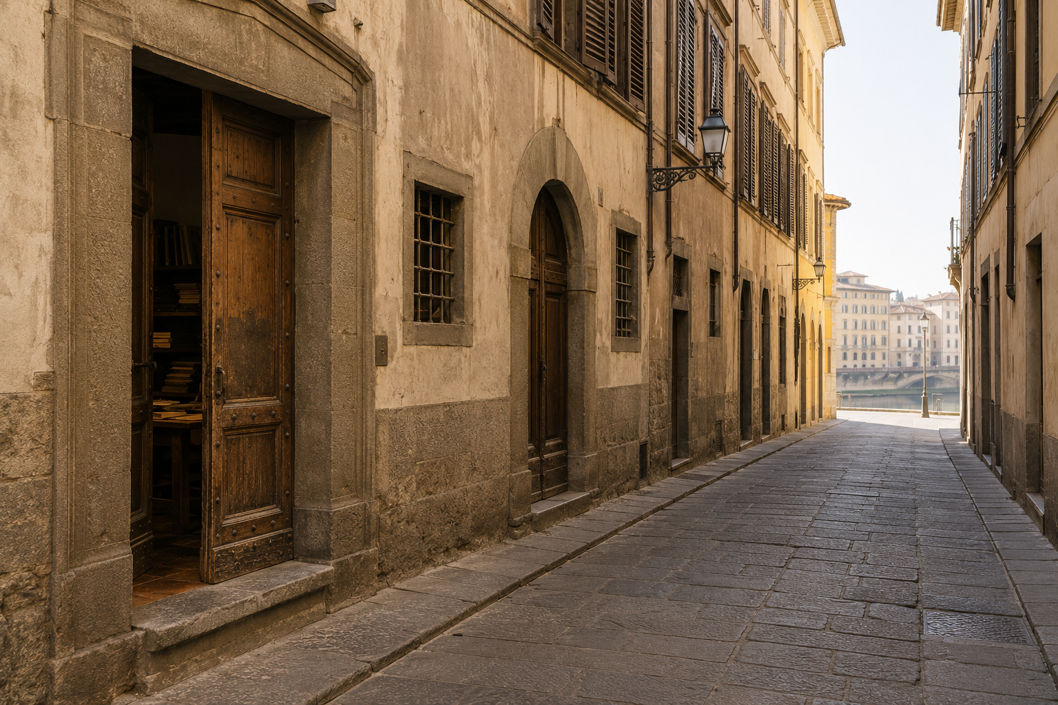 Vicolo cittadino con la porta di una legatoria aperta su pile di libri; in fondo la strada si apre sul fiume e sui palazzi.