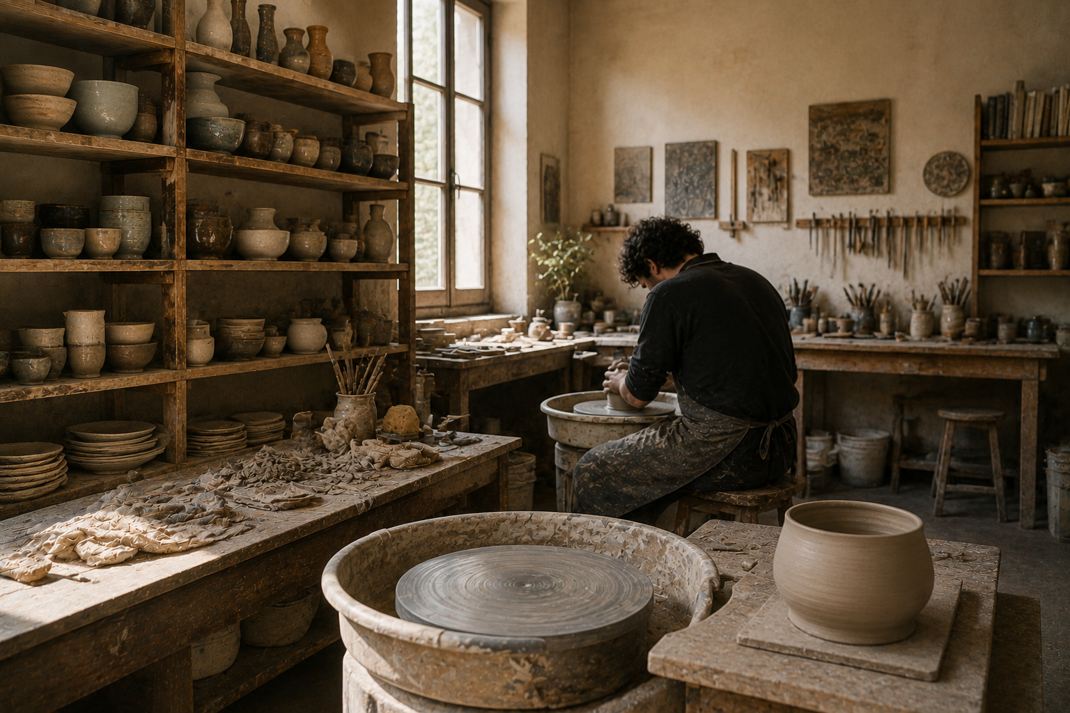 Un laboratorio con gli scaffali carichi di ciotole e vasi, un ceramista al tornio accanto alla finestra e un vaso appena tornito in primo piano.