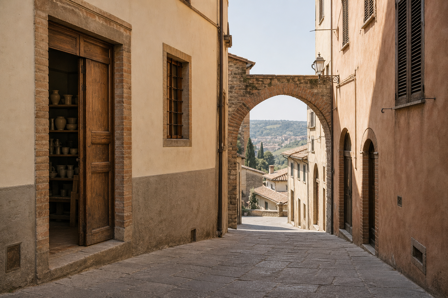 Da una porta aperta si vedono scaffali di vasi chiari; il vicolo prosegue sotto un arco che si apre sulle colline.