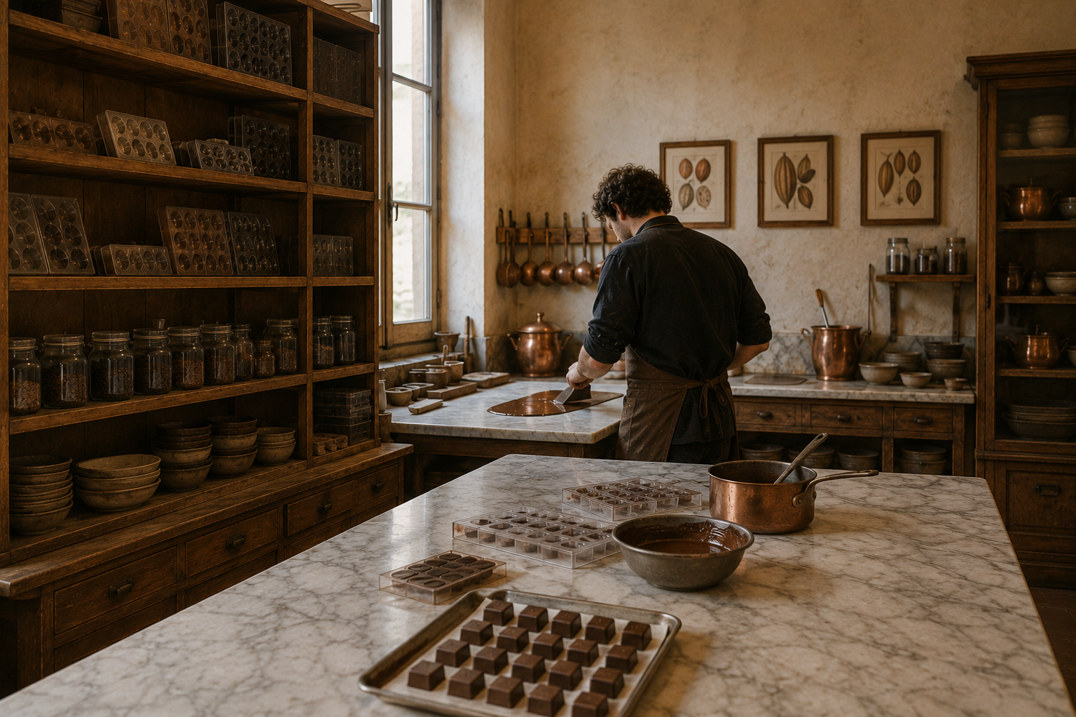 In un laboratorio con scaffali di vasi e stampe di cacao alle pareti, un uomo lavora il cioccolato al banco di marmo; in primo piano vassoi di praline.