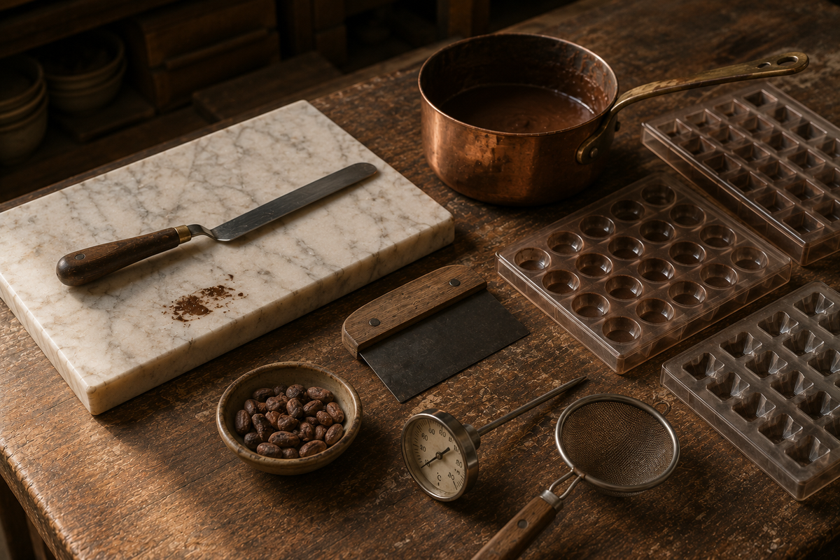 Su un tavolo di legno una lastra di marmo con spatola, stampi in policarbonato, un tegame di rame, un termometro e una ciotola di fave di cacao.