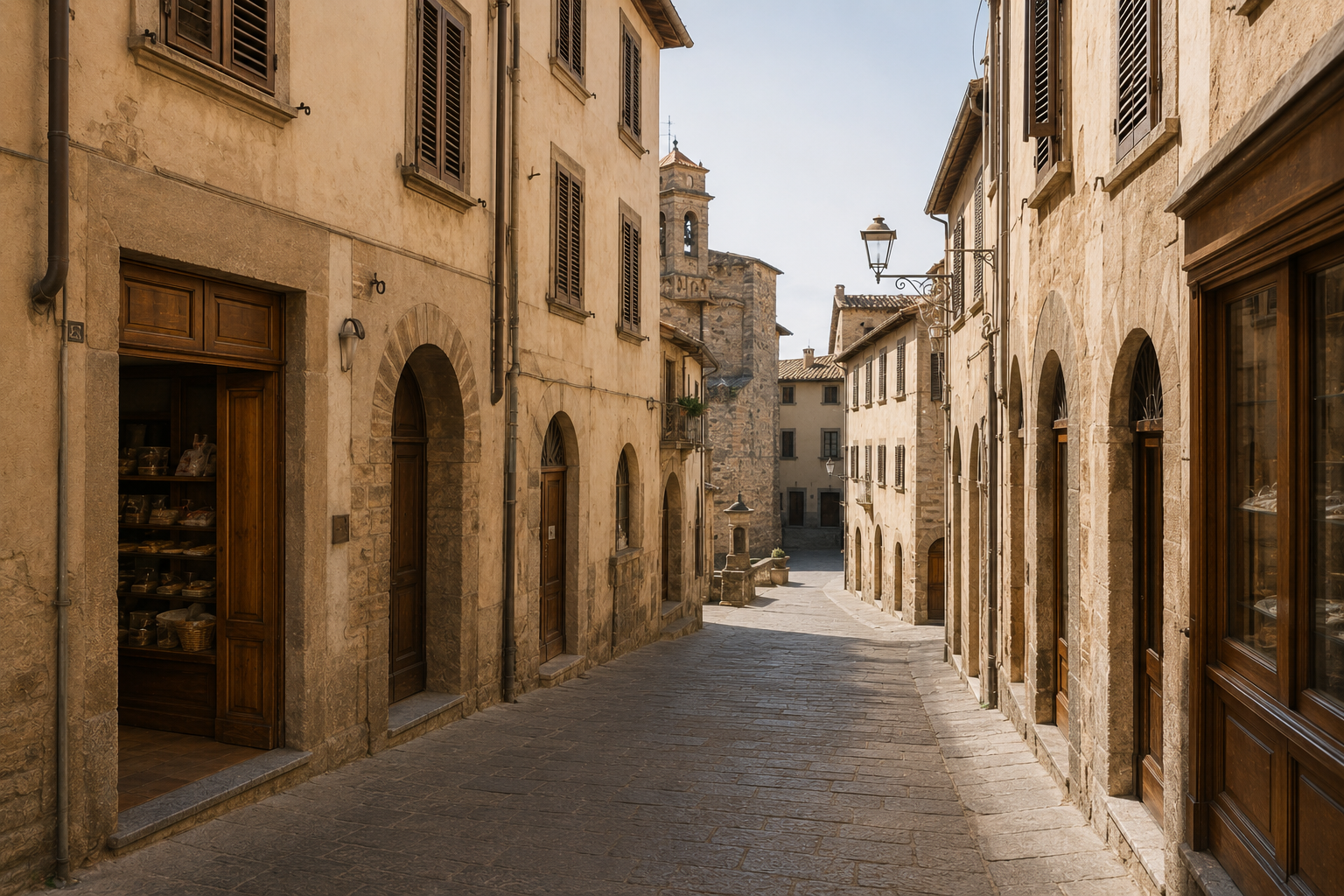 Vicolo lastricato fra palazzi in pietra con persiane chiuse e portali ad arco; in fondo si apre una piazza con un campanile.