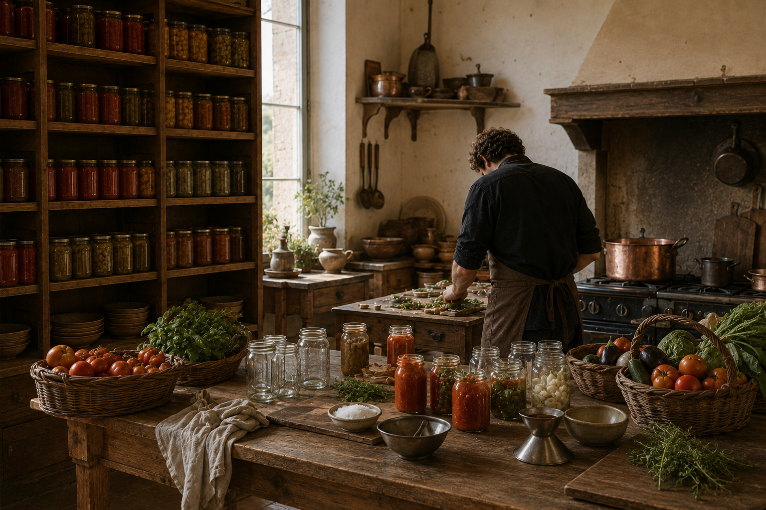In una cucina di campagna un uomo lavora delle erbe al tavolo; a sinistra scaffali pieni di conserve, davanti vasi di salsa e ceste di pomodori.