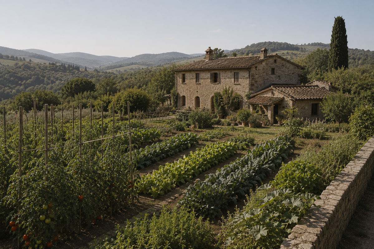 Un orto a filari con i pomodori legati ai pali scende accanto a un casale di pietra; un muretto a secco lo chiude e dietro si aprono le colline.