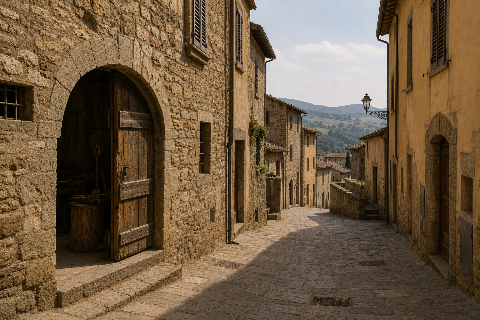 Sotto un arco di pietra il portone aperto di una fucina lascia vedere l'incudine al buio; il vicolo scende verso le colline.