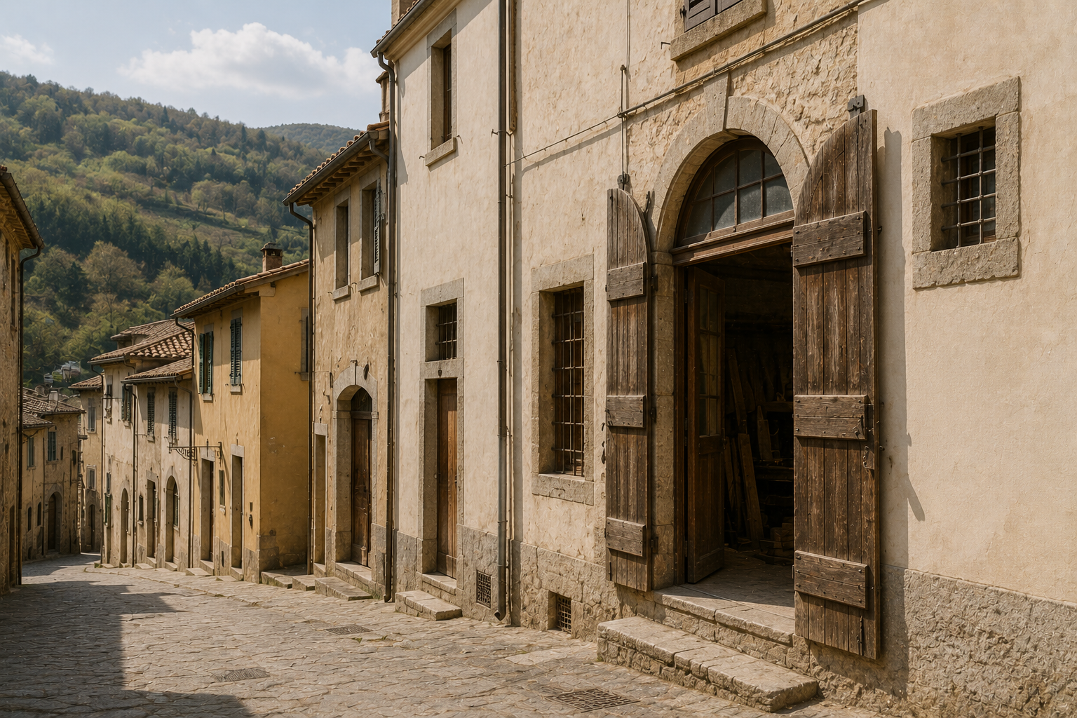 Strada in salita di un borgo con il portone di una falegnameria aperto sul legname accatastato e colline boscose sullo sfondo.