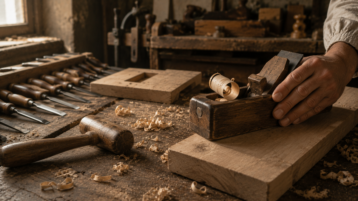 Una mano spinge la pialla di legno su una tavola e il truciolo si arriccia dalla bocca; accanto scalpelli allineati e mazzuolo.