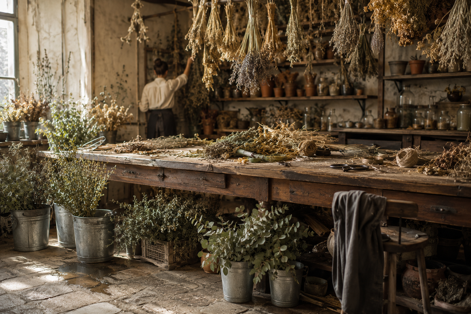 Un laboratorio col tavolo lungo coperto di fiori da legare, i mazzi appesi a testa in giù e i secchi di verde sotto; in fondo una fioraia appende un fascio ad asciugare.