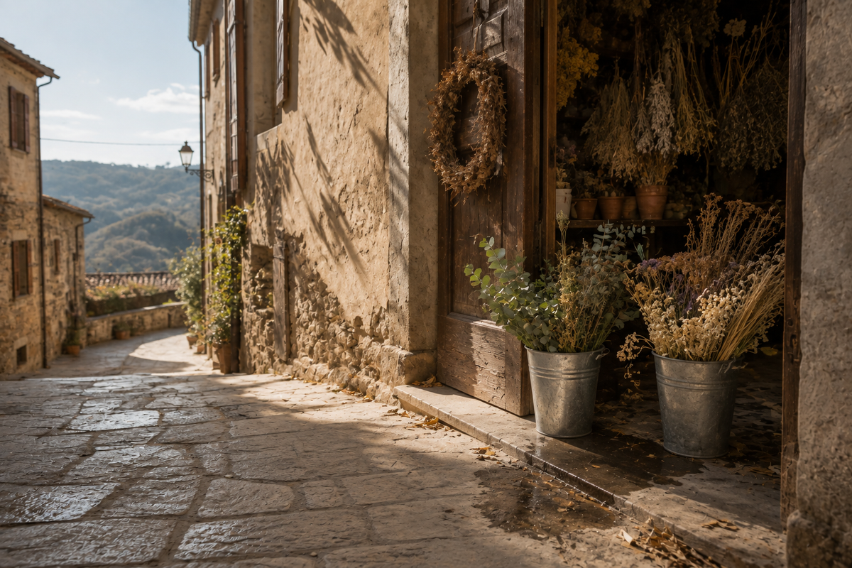 Un vicolo di pietra affacciato sulle colline; accanto alla porta una corona di fiori secchi e sul gradino due secchi di zinco pieni di mazzi essiccati.