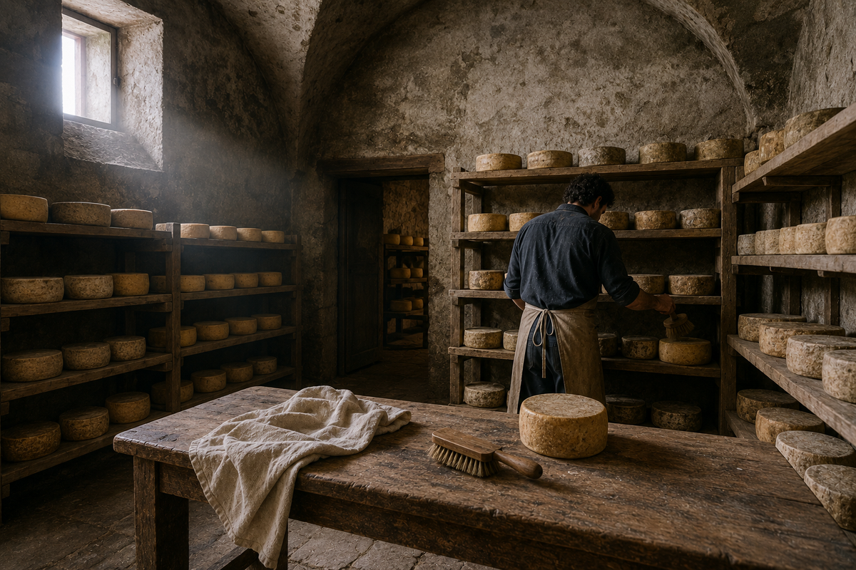 In una stanza voltata di pietra un casaro in grembiule gira le forme sugli scaffali di legno; sul tavolo una forma, una spazzola e un telo.
