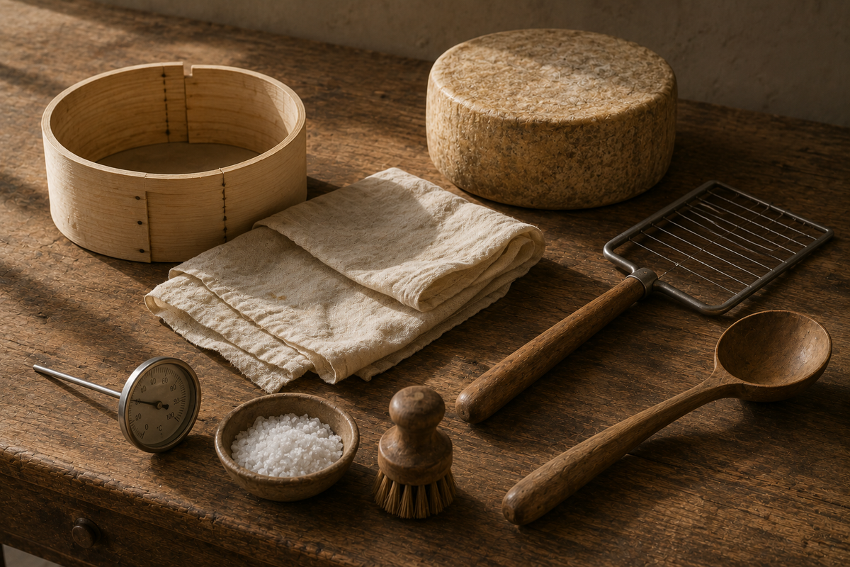 Sul tavolo una fascera di legno, un telo piegato, una forma stagionata, la lira per tagliare la cagliata, un mestolo, sale grosso e un termometro.