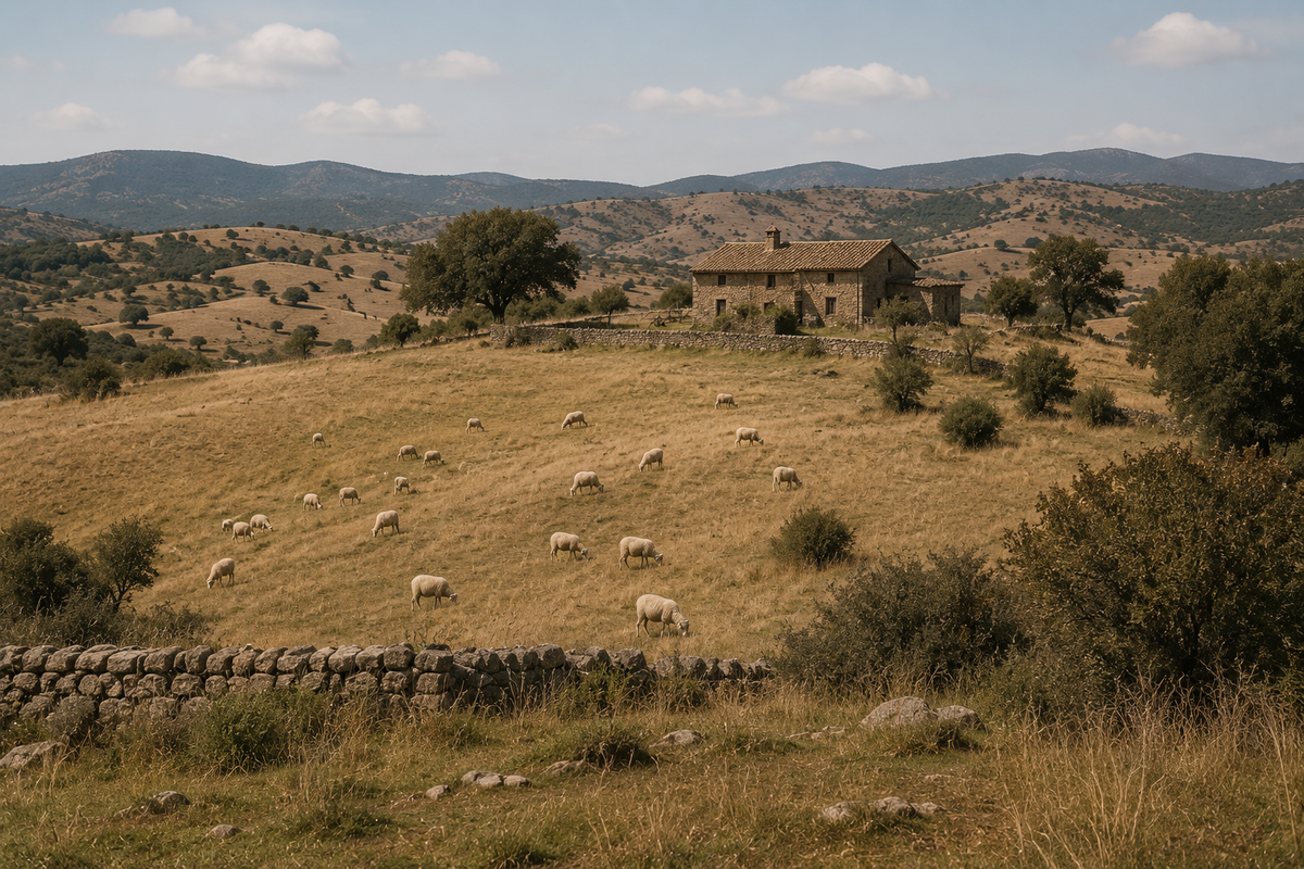 Un gregge di pecore pascola su un pendio giallo oltre un muro a secco; più su un casale di pietra fra le querce e colline fino all'orizzonte.