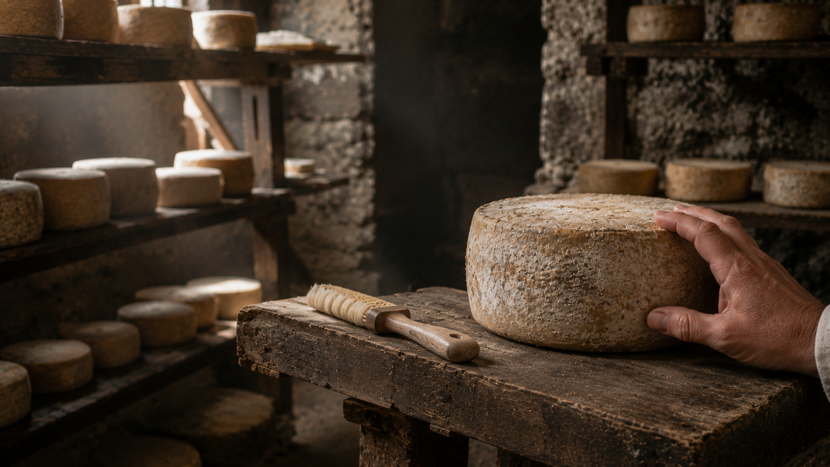Una mano appoggia una forma di formaggio stagionato su un banco di legno; dietro, scaffali di pietra carichi di forme a stagionature diverse.