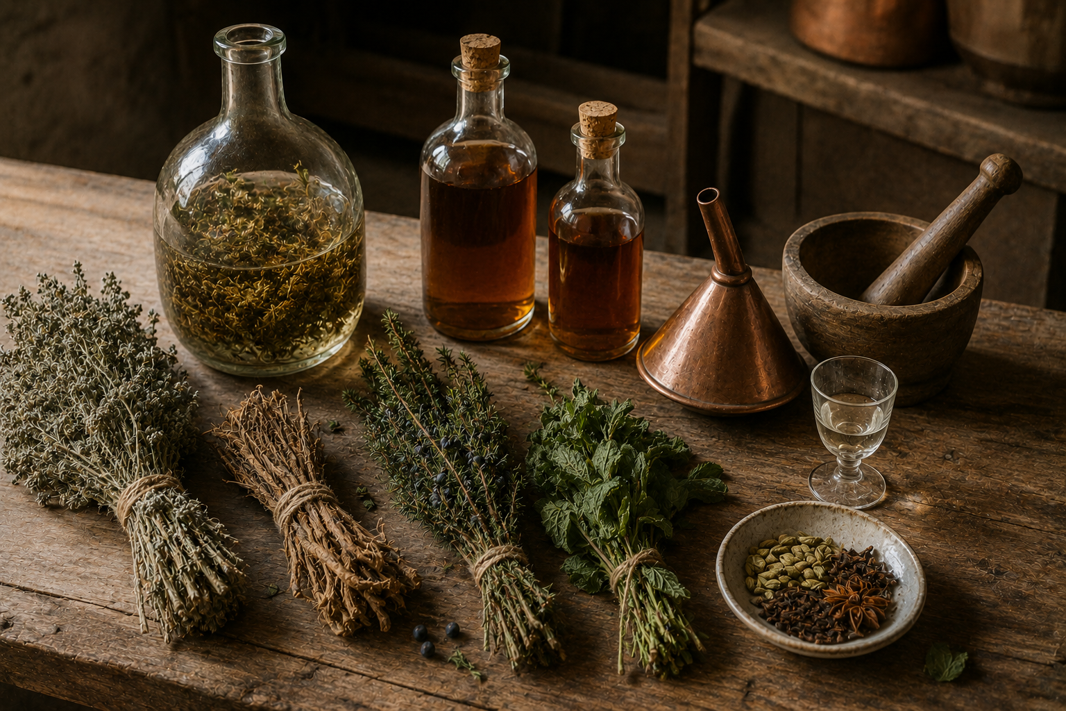 Mazzi di erbe secche allineati su un tavolo di legno accanto a un vaso di infusione, bottiglie ambrate, un imbuto di rame, un mortaio e una ciotola di spezie.